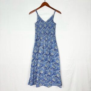 DRA Anthropologie Smocked Fit Flare Dress Blue Midi Floral Size S